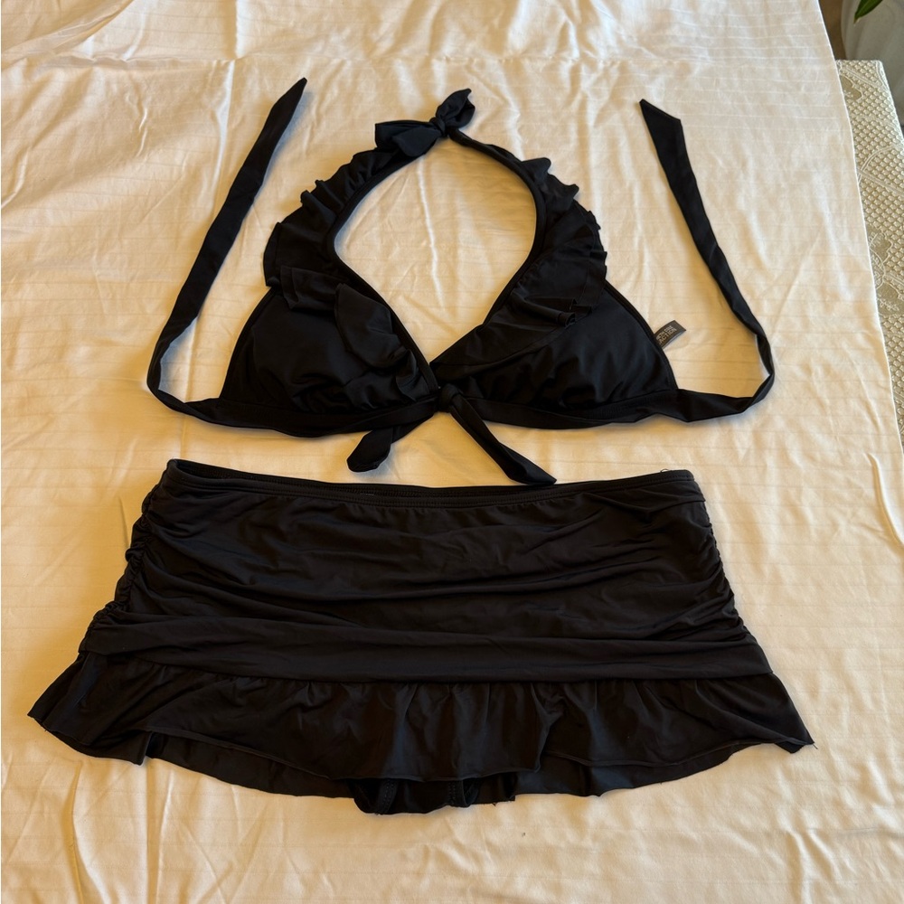 Kenneth Cole Black Triangle Bikini with Skirted Bottom